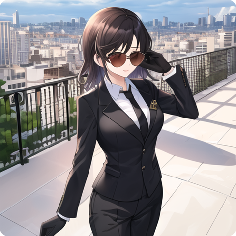 00378-2314089110-masterpiece, best quality, 1girl, medium hair, dark hair, black suit, black gloves, sunglasses, science fiction, rooftop, brown